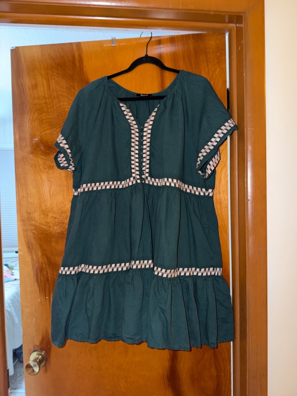 Madewell Green Tiered Mini Dress with Cream Trim